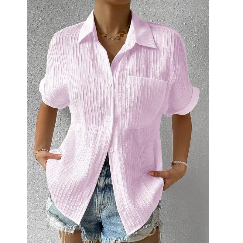 Splicing Pocket Short Sleeved Solid Color Temperament Casual Lapel Raglan
