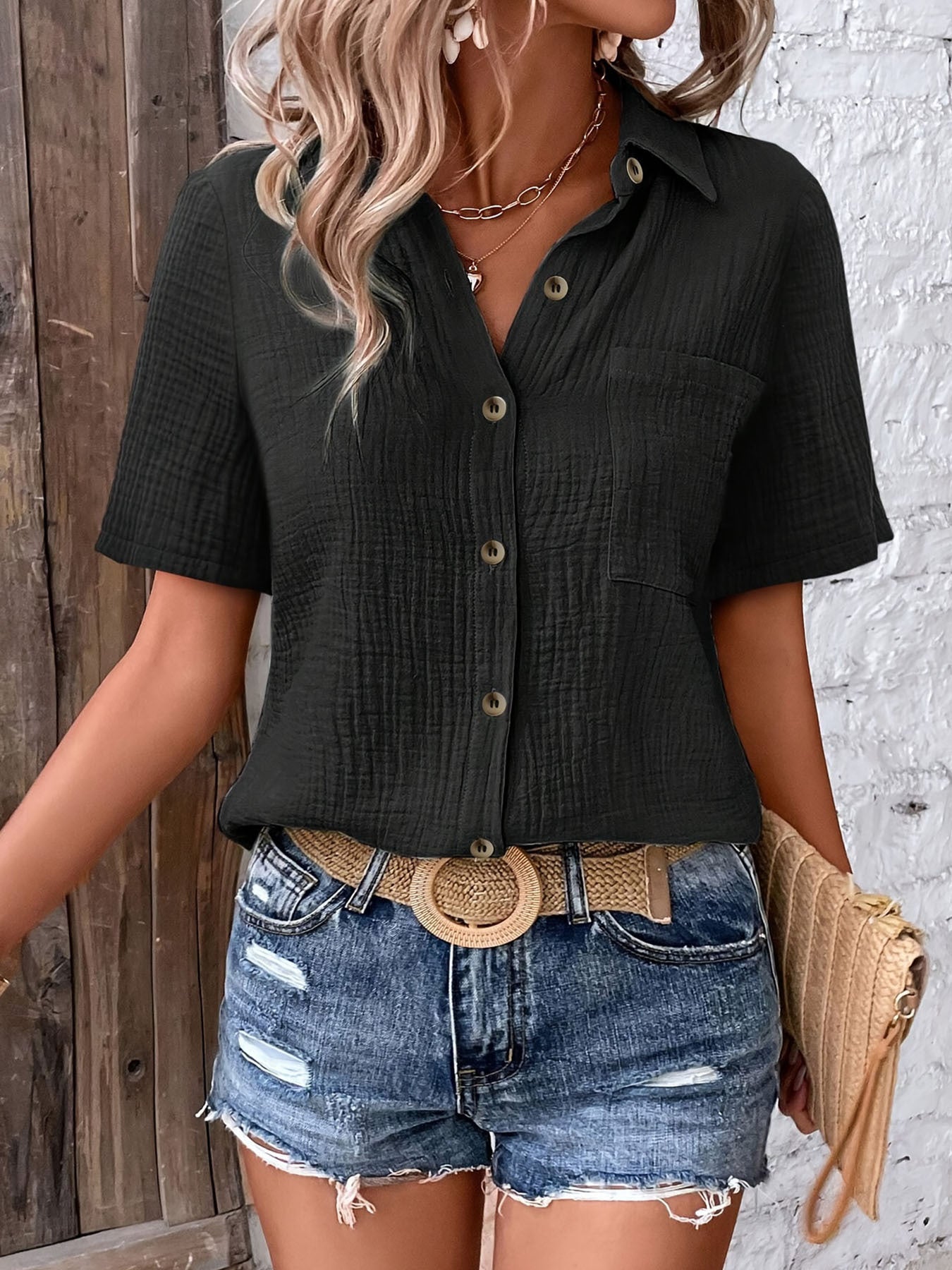 Summer Women's V-Neck Blouse - Casual Short Sleeve Button-Up Shirt With Chest Pocket, Solid White, Lightweight & Breathable For Casual   Attire