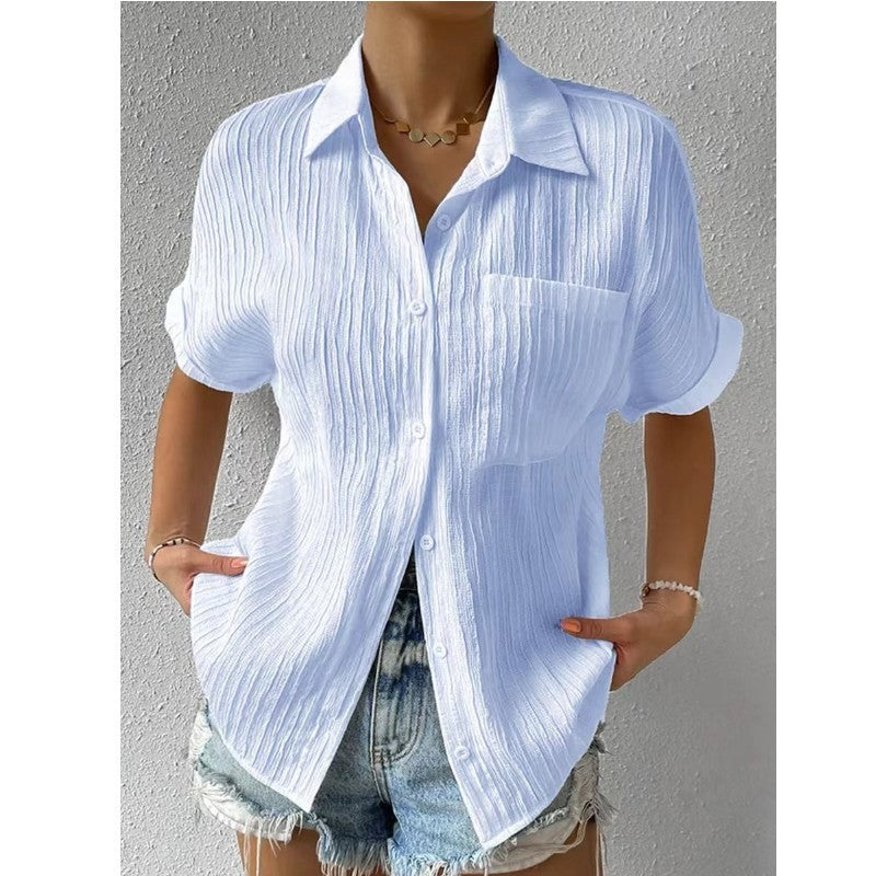 Splicing Pocket Short Sleeved Solid Color Temperament Casual Lapel Raglan