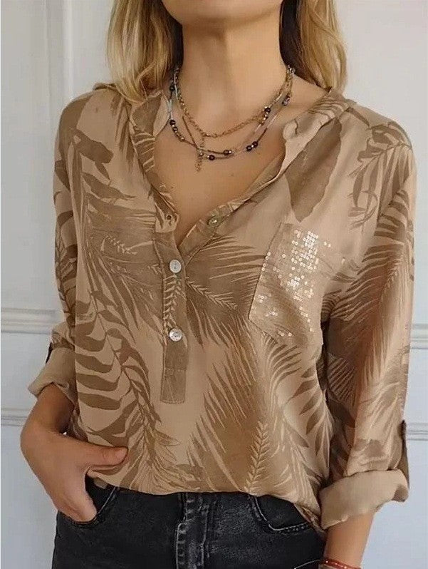Loose Casual Long Sleeves Printed Sequined Pocket Shirt