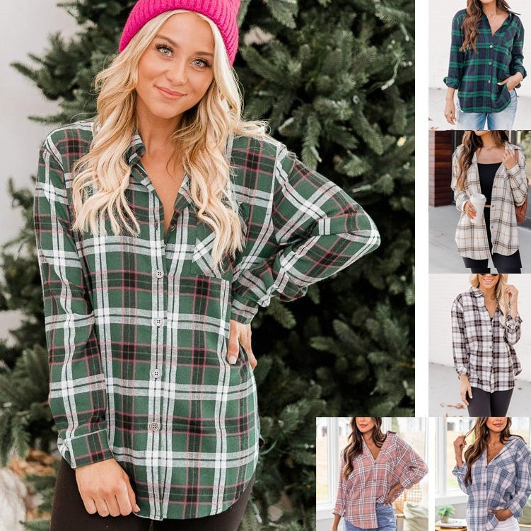 Women's plaid shirt coat with polo collar, button-up design, and long sleeves, available in multiple colors.