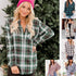 Women's plaid shirt coat with polo collar, button-up design, and long sleeves, available in multiple colors.