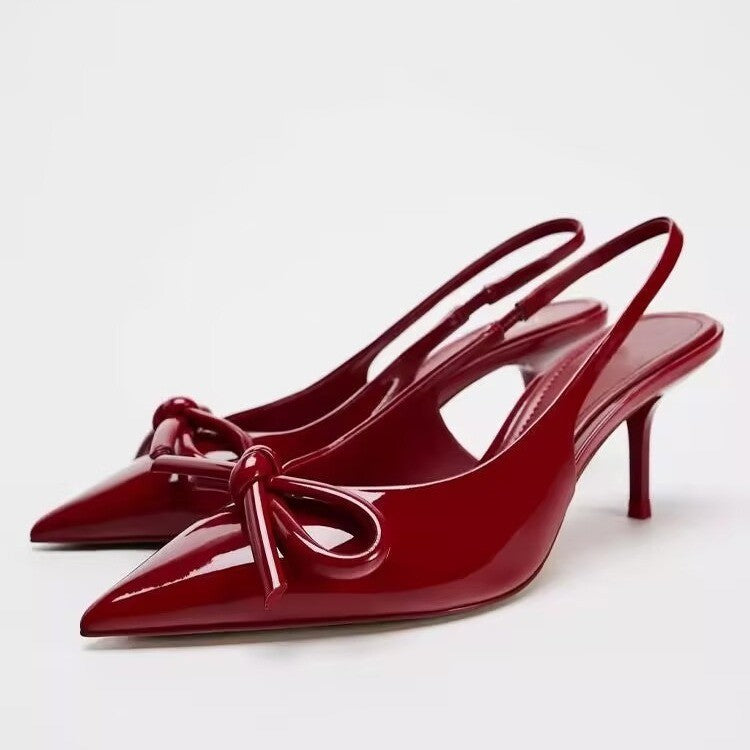 Women's Shoes Red Bowknot Decoration Low-cut Exposed Heel