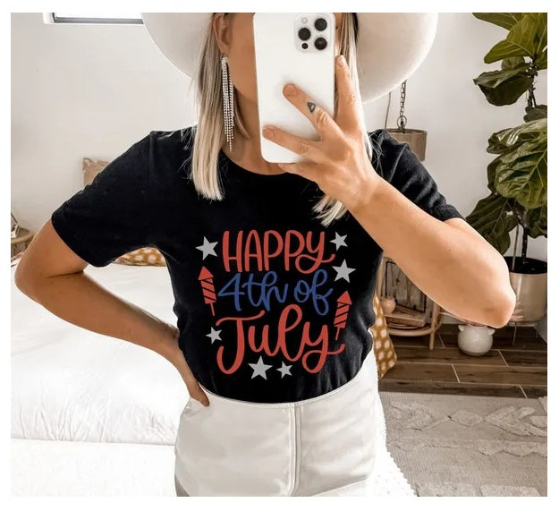 Happy 4th of July T-shirt with festive design, perfect for Independence Day celebrations.