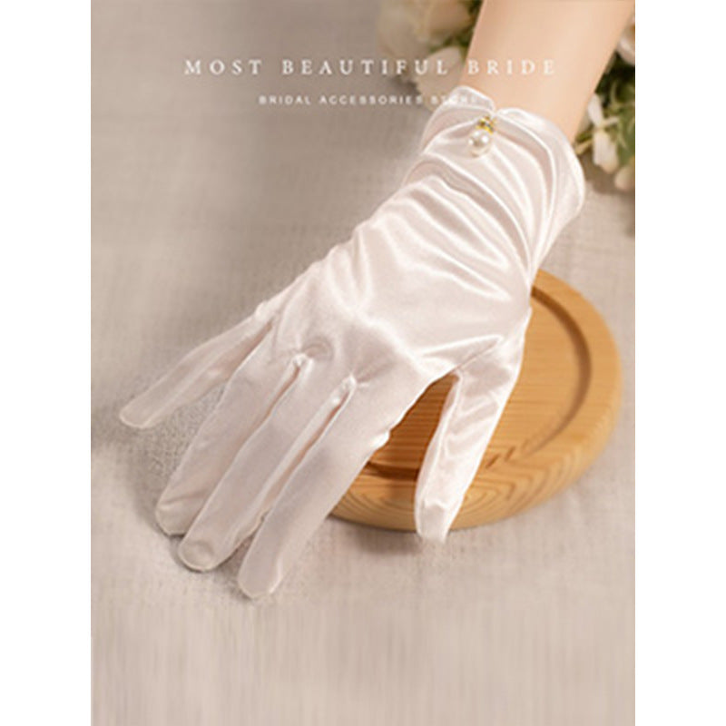 White Satin Short Gloves Lace Pearl Accessories