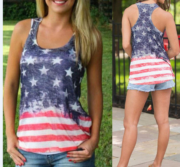 American Flag print sleeveless T-shirt with round neck and digital printing design.