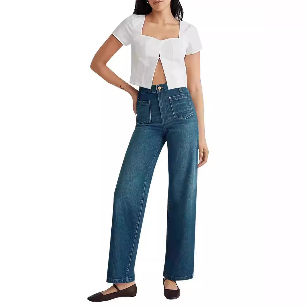 Washed Women's Jeans Wide Leg Trousers Square Pocket