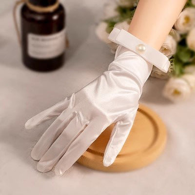 White Satin Short Gloves Lace Pearl Accessories