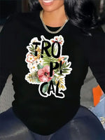 Fun Women's Printed Long Sleeve- Tropical Print, Black