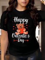 Valentine's Day Women's Short-Sleeved T-Shirt- Teddybear Print, Polyester, Black
