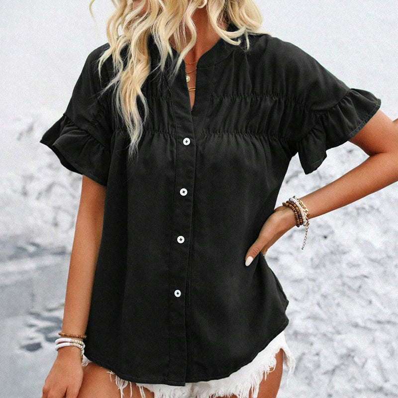 Women's summer casual shirt with button front, pleated design, and lace trim.