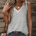 Ladies' black and white striped V-neck sleeveless tank top, casual summertime wear.