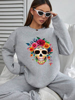 Stylish Women's Hoodless Sweatshirt- Skull & Flowers Print