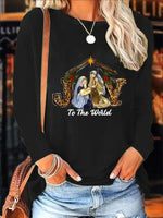 Christmas Women's Print Long-Sleeved Hoodless Sweatshirt- Joy To The World Print, Black