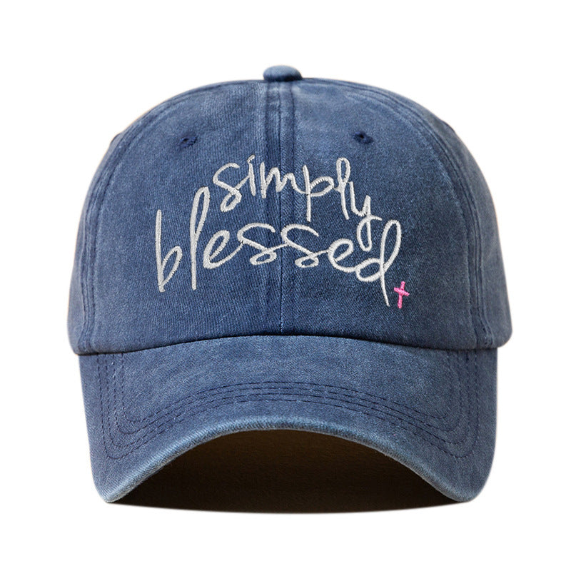 Simply Blessed Wide Brim Sunshade Washed Embroidered English Letter Baseball Cap