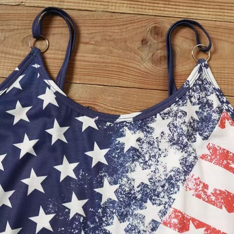 American Flag Print Mini Dress | American Flag V-neck Dress | Bili Now