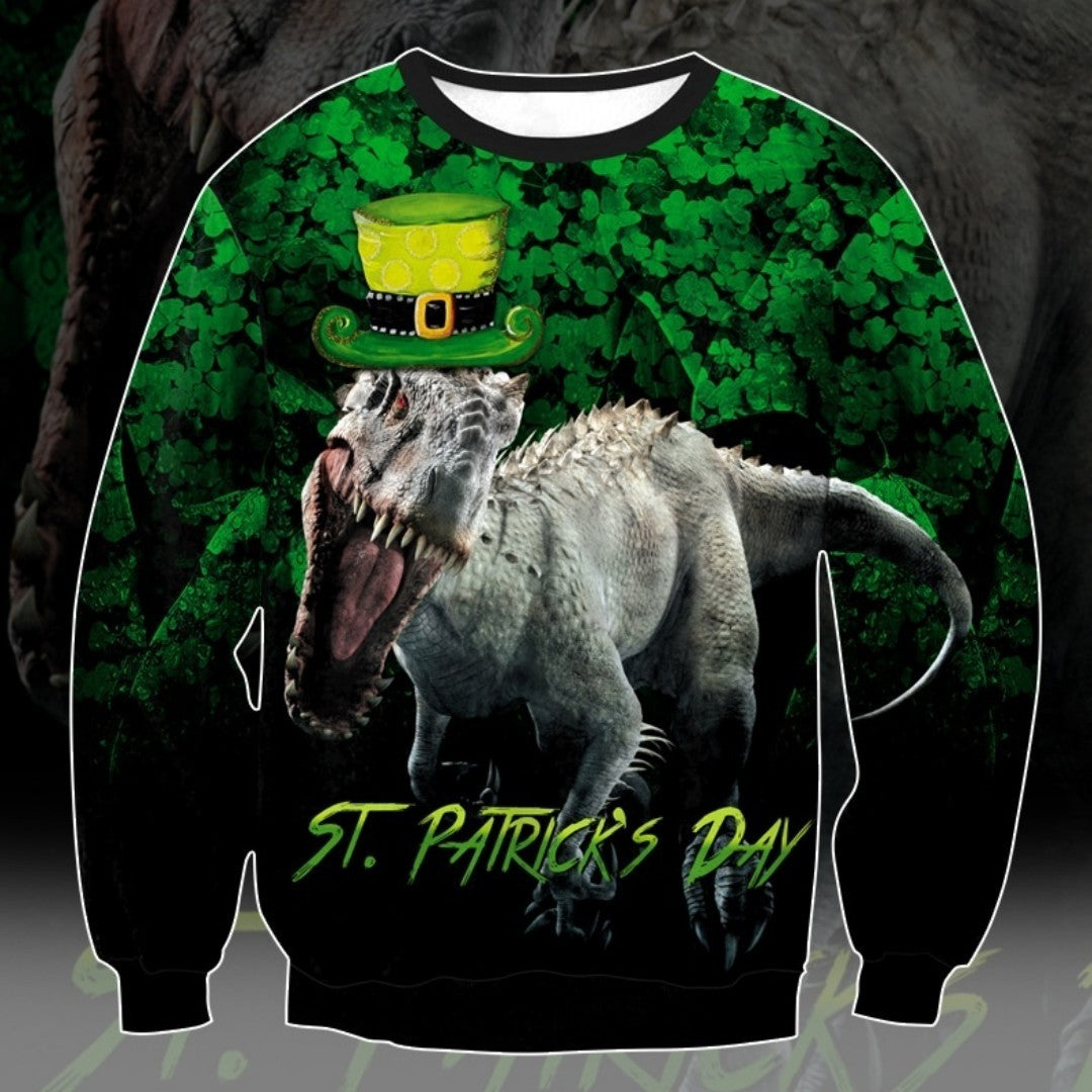 St. Patrick's Day Primitive Forest Dinosaur Print Casual Loose Round Neck Sweater