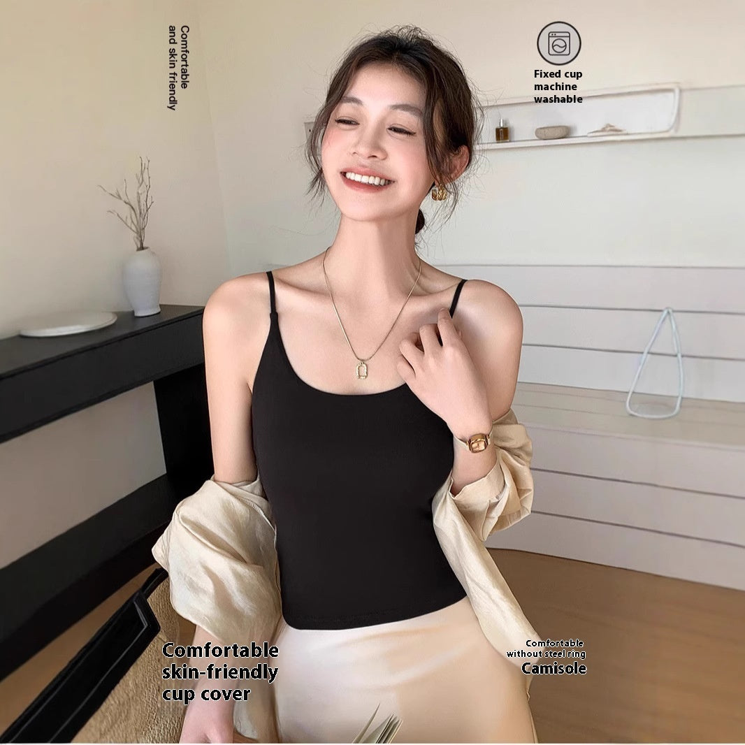 Women's fashion personality spaghetti strap tank top in black, slim fit, viscose fabric.