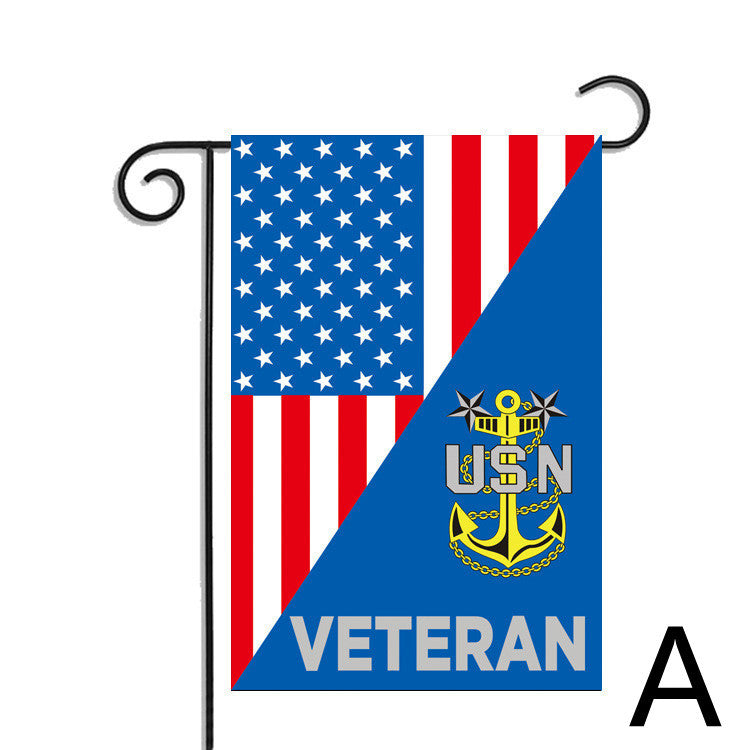 Polyester American Veteran garden flag with USN emblem and American flag design.