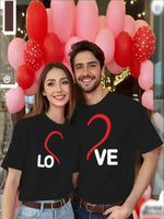 Valentine's Day Couple Short-Sleeved T-Shirt- LO-VE Print, Polyester, Black