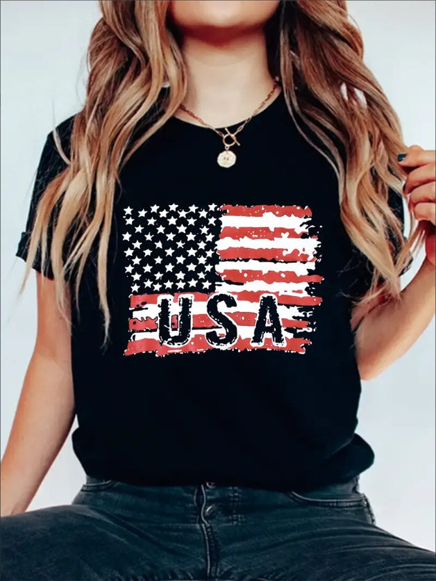 Women's USA flag graphic print t-shirt, crew neck, short sleeve.