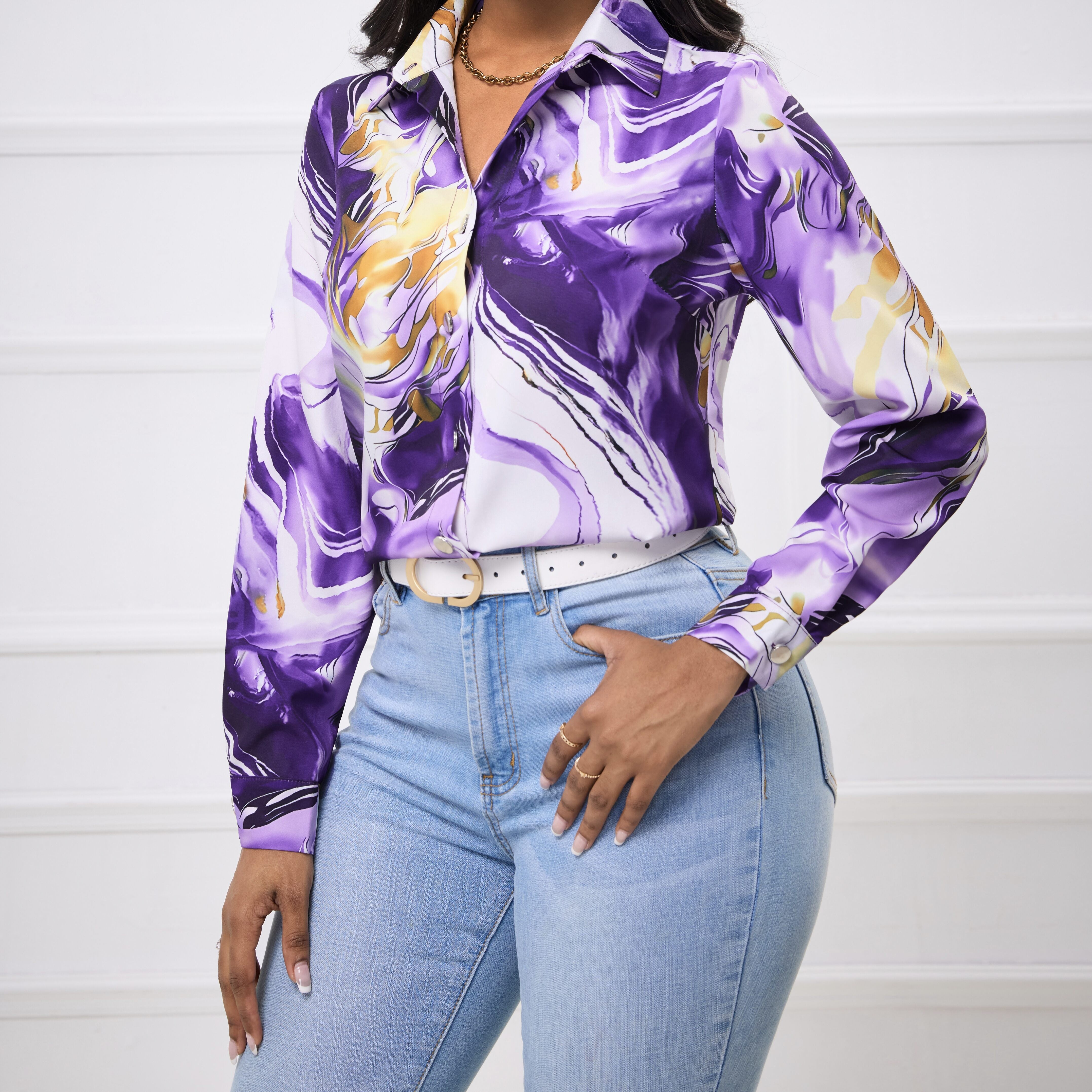Ladies' Fashionable and Elegant Spring Summer Shirt with A Collar and Fashionable Print, Comfortable And Casual Long Sleeved Shirt Top