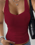 Sporty knit camisole tank top in dark red with sweetheart neckline and wide straps.
