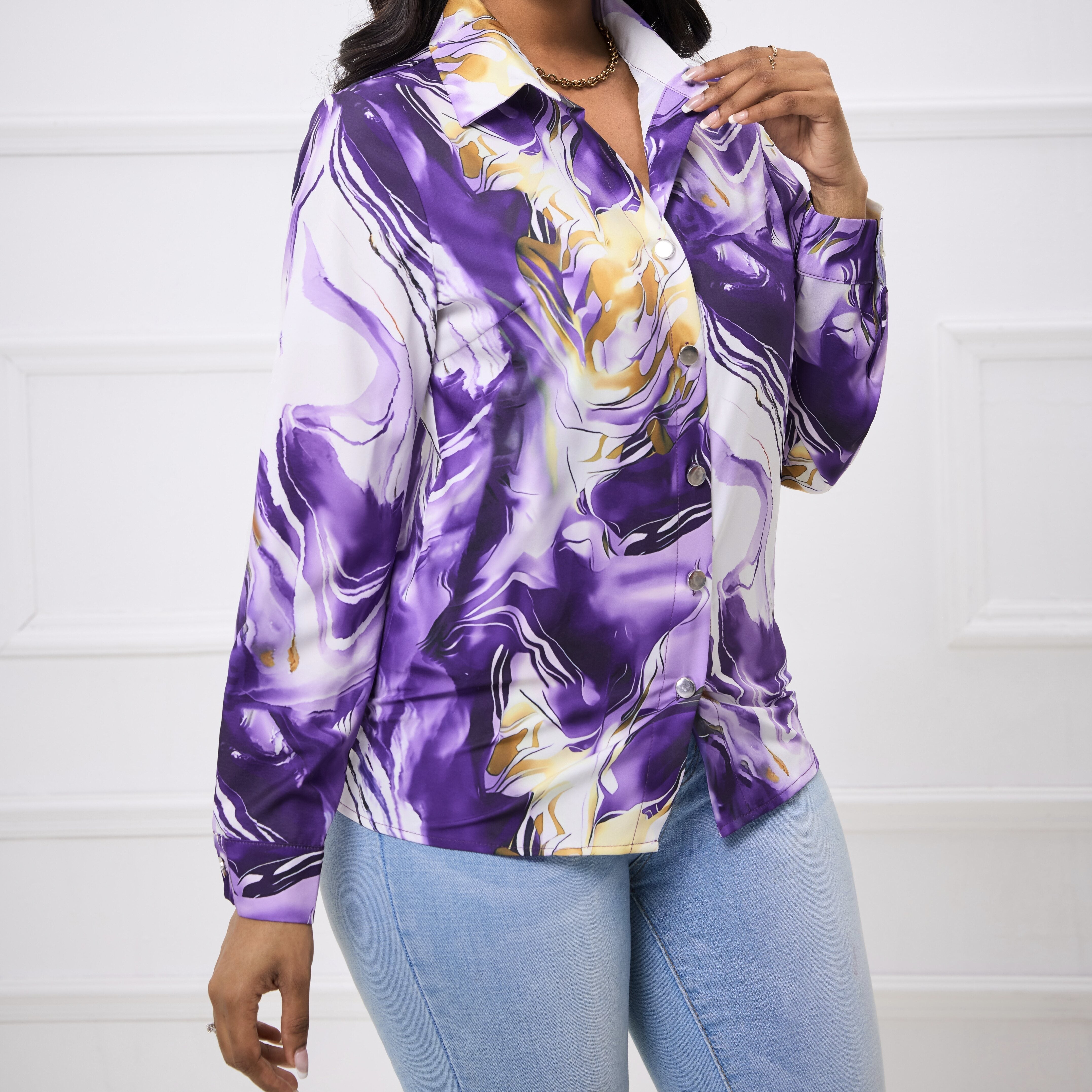 Ladies' Fashionable and Elegant Spring Summer Shirt with A Collar and Fashionable Print, Comfortable And Casual Long Sleeved Shirt Top